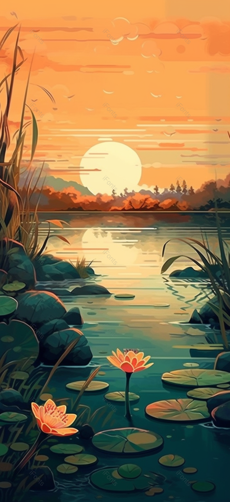 夏日湖边夕阳河边池塘荷叶荷花插画,插画/手绘图,插画/手绘图库,插画/手绘图下载,插画/手绘